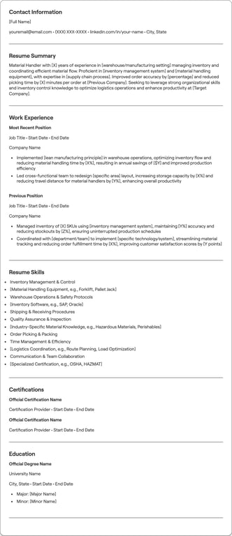 Material Handler resume example