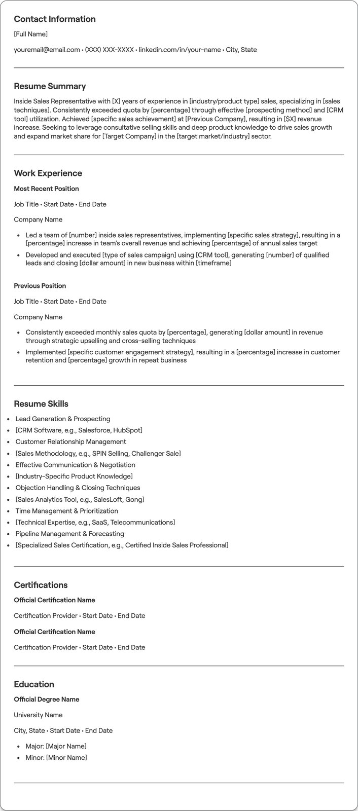 Inside Sales Representative resume example