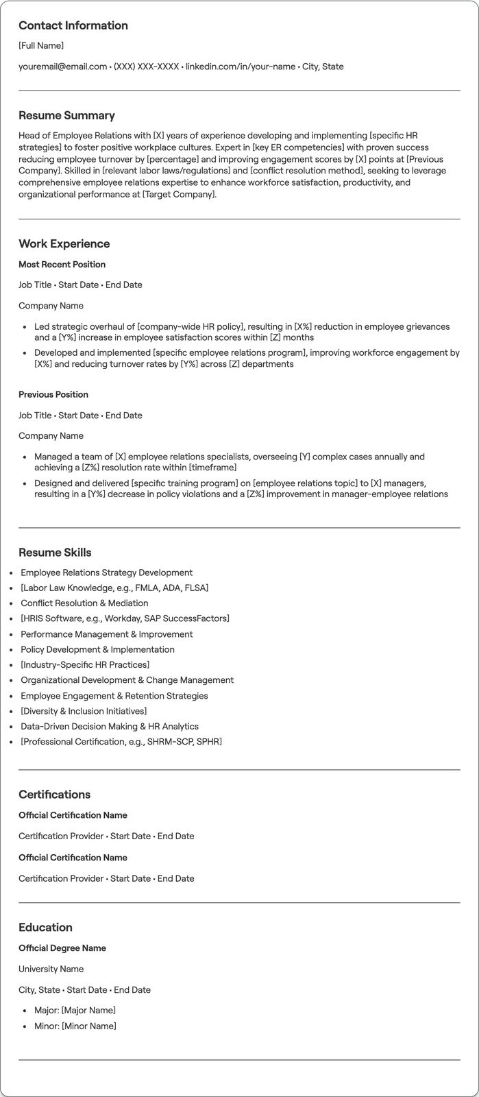 Head of Employee Relations resume example