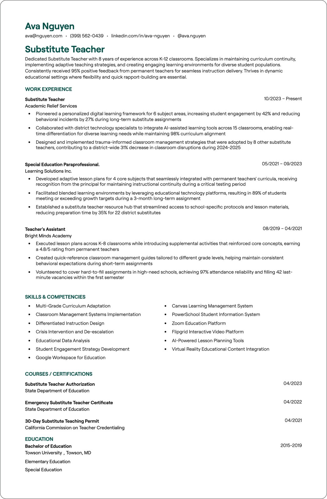 Substitute Teacher resume example