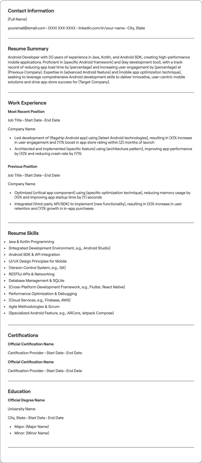 Android Developer resume example