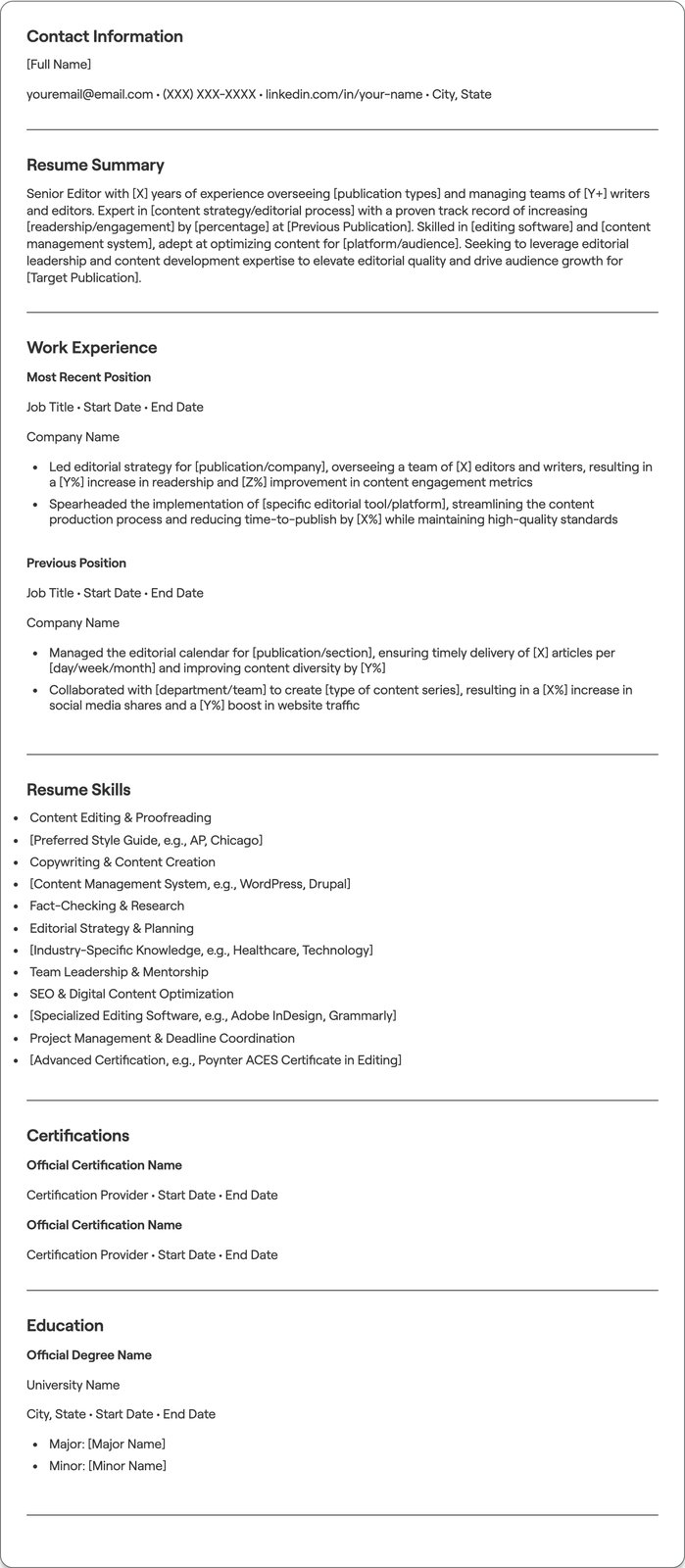 Senior Editor resume example