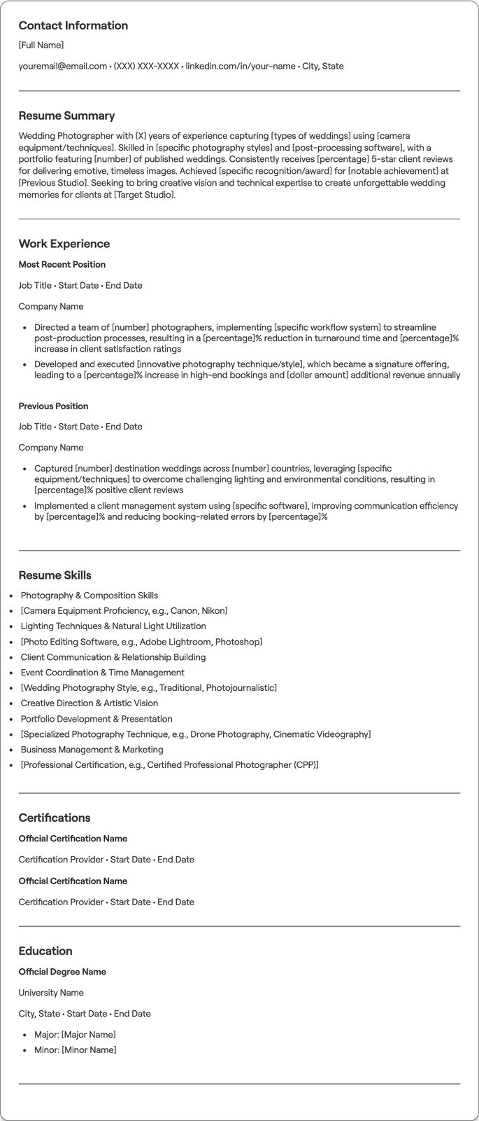Wedding Photographer resume example