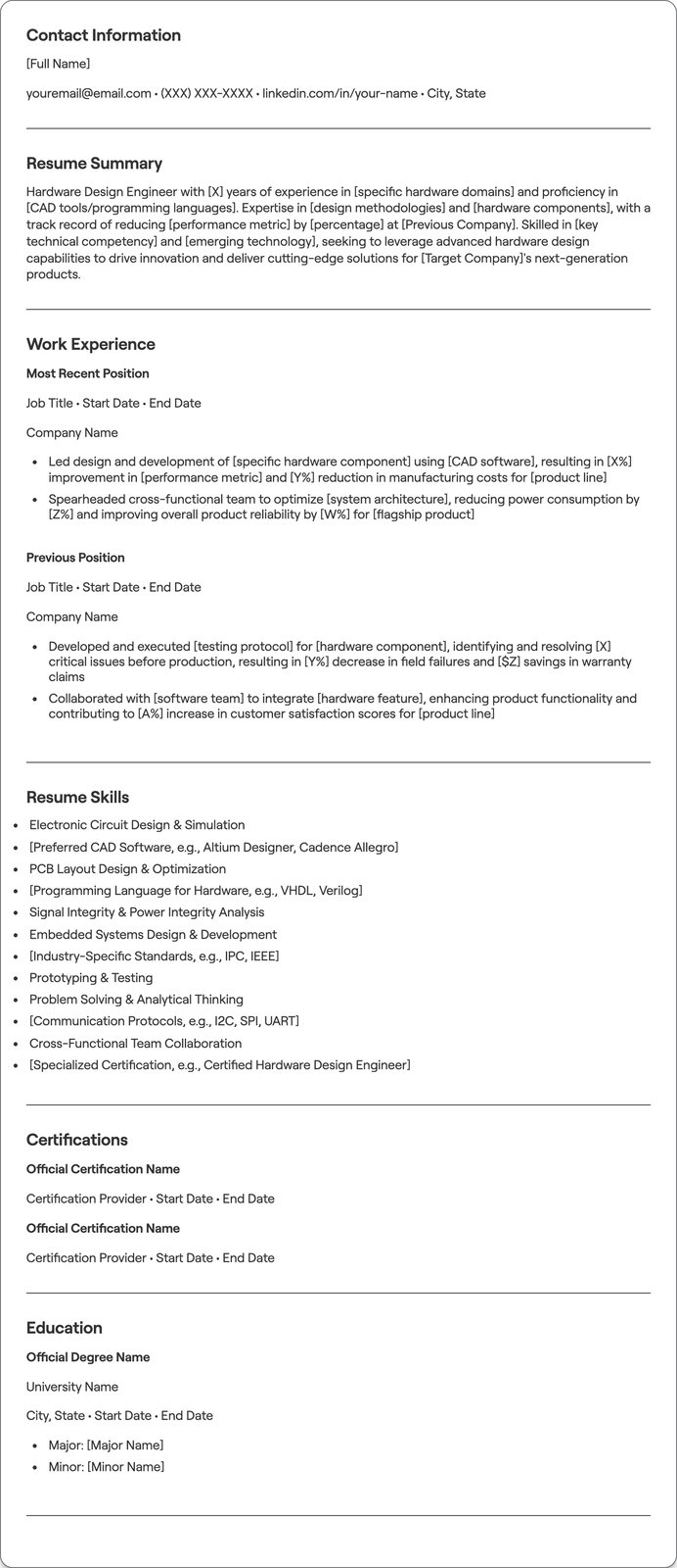 Hardware Design Engineer resume example