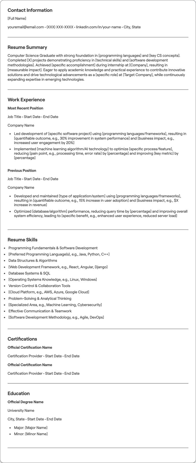 Computer Science Graduate resume example