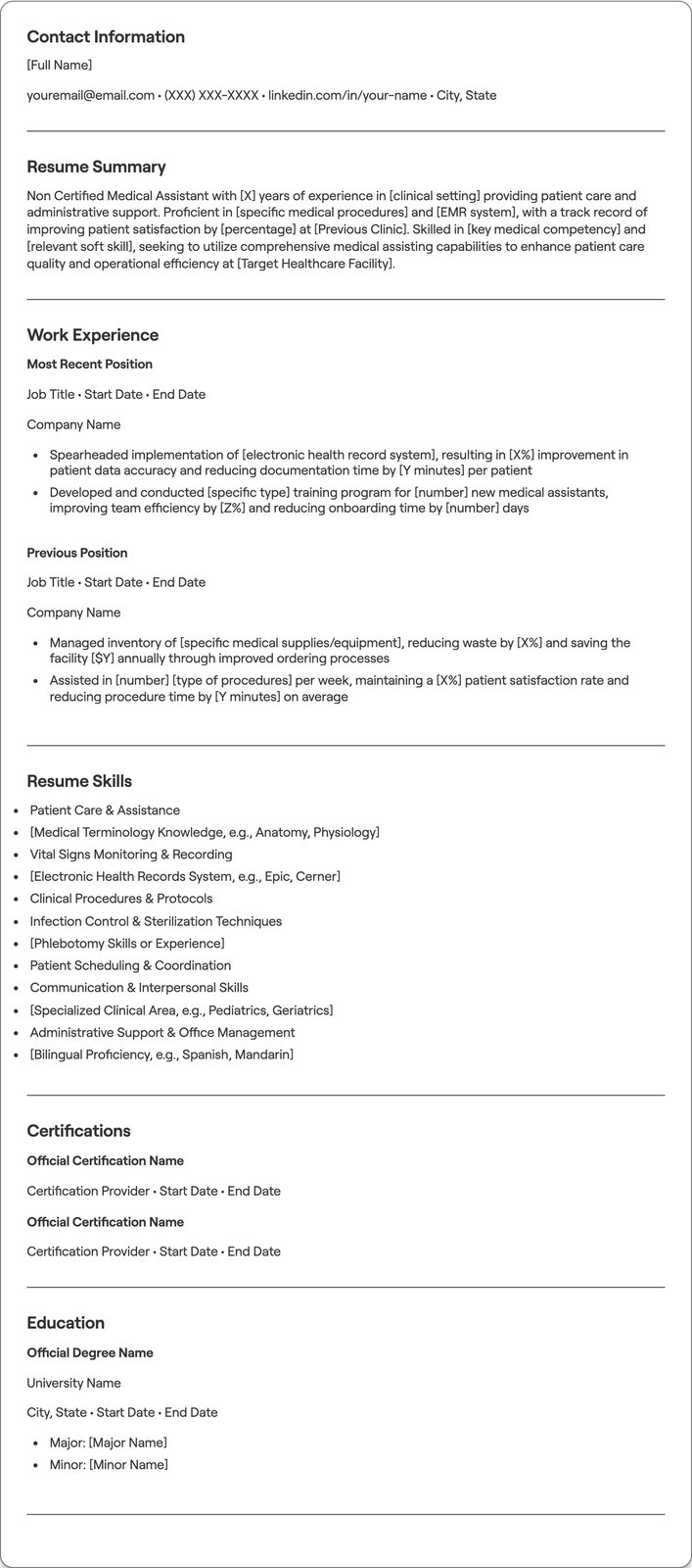 Non Certified Medical Assistant resume example