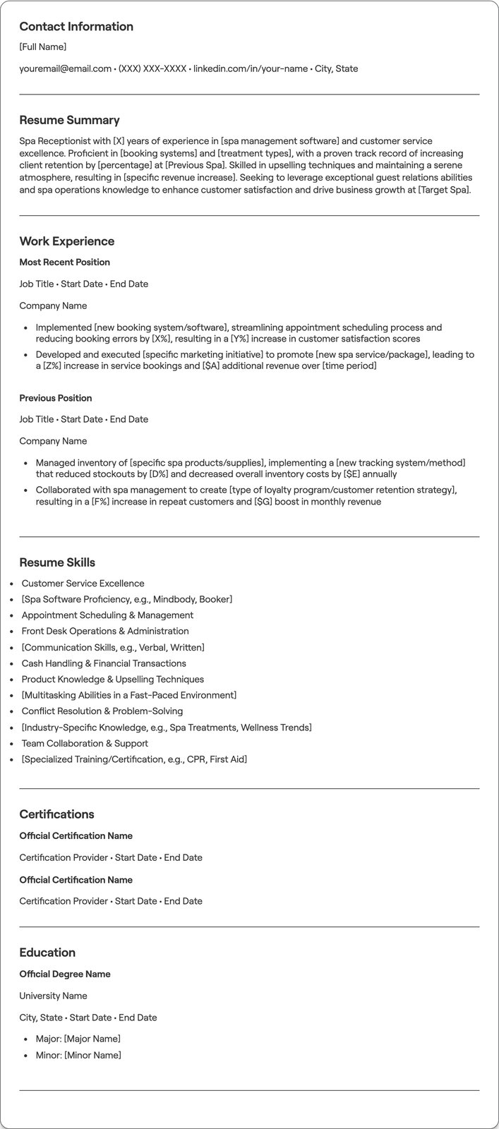 Spa Receptionist resume example
