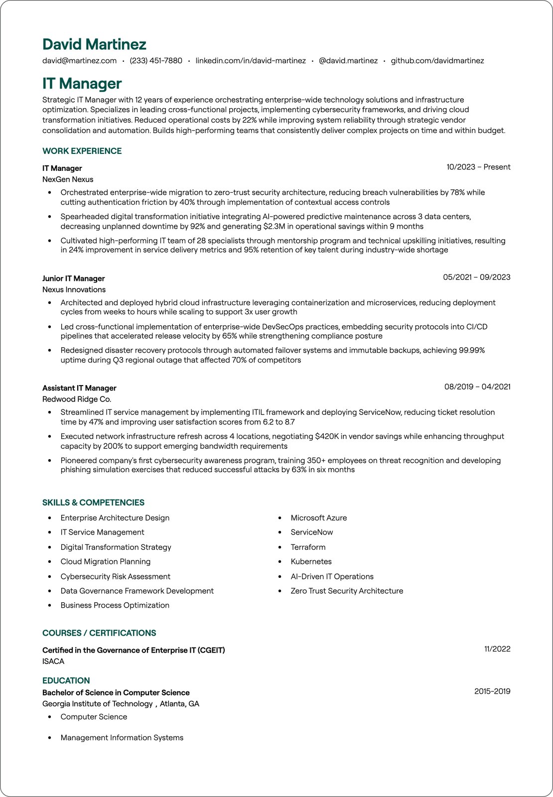 Digital Transformation Specialist resume example