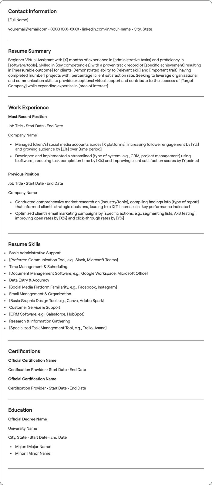 Beginner Virtual Assistant resume example