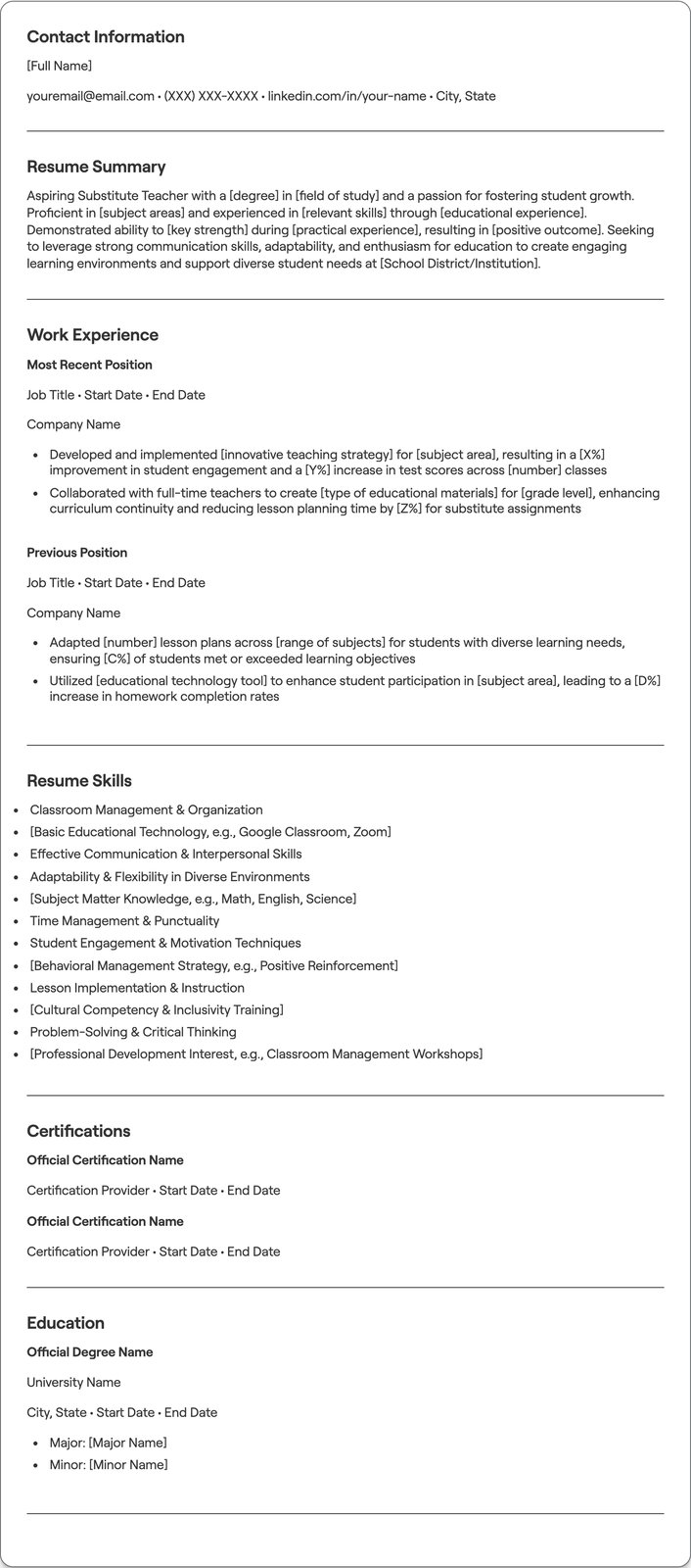 Substitute Teacher with No Experience resume example