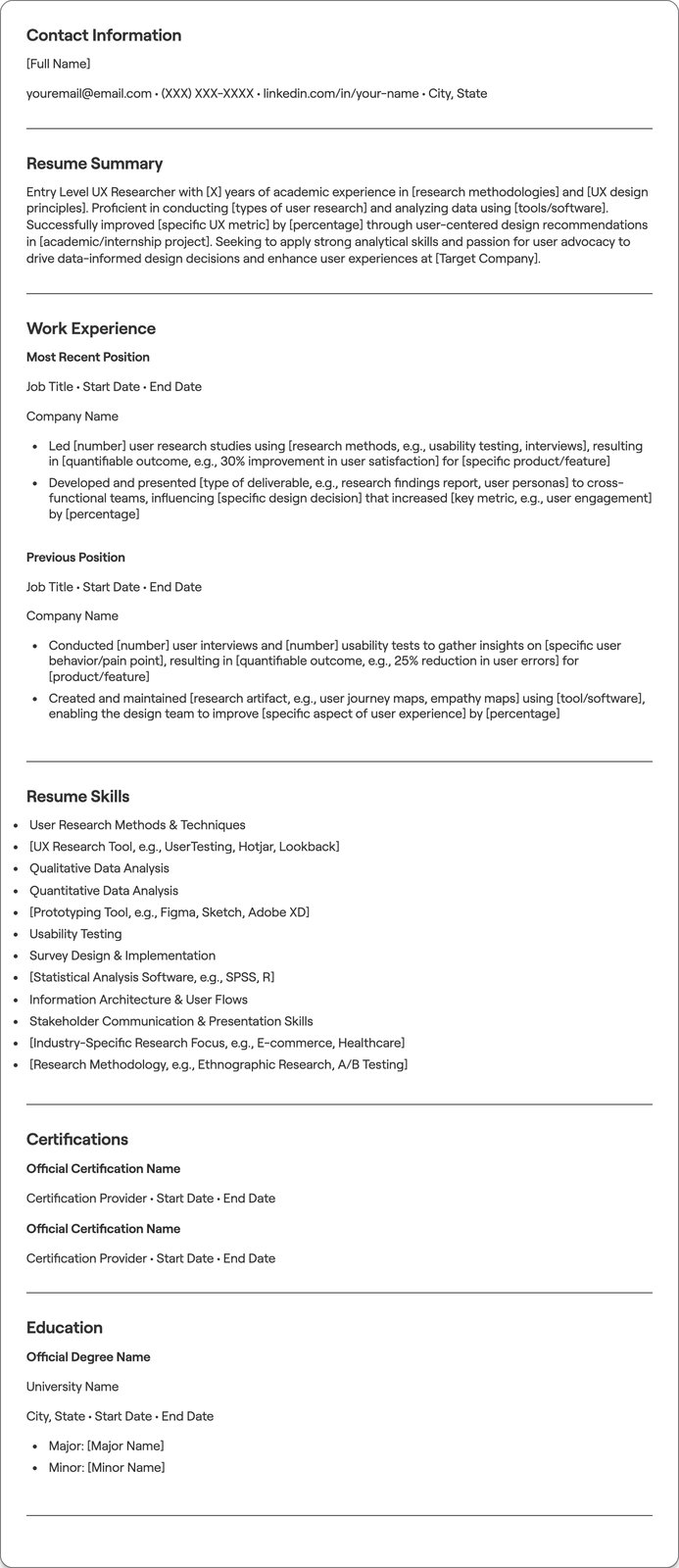 Entry Level UX Researcher resume example
