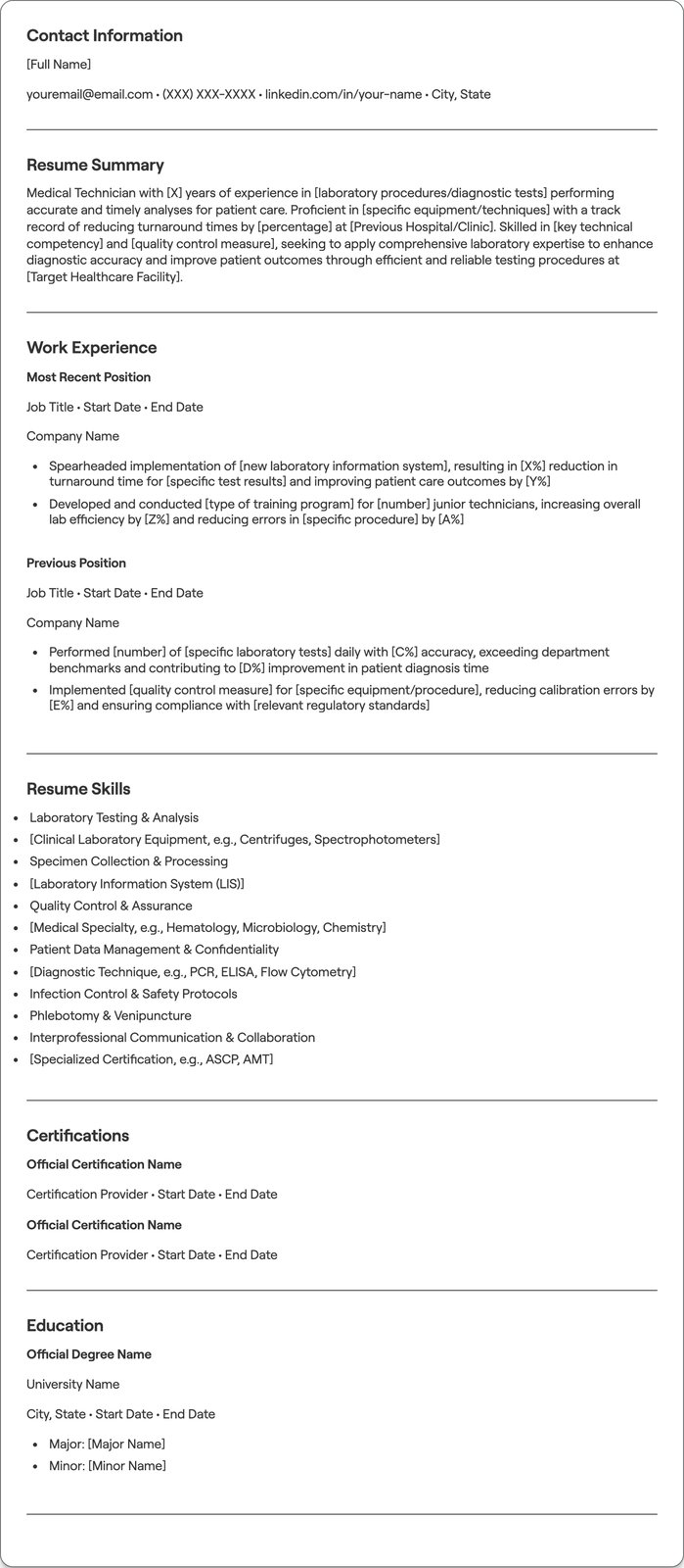 Medical Technician resume example