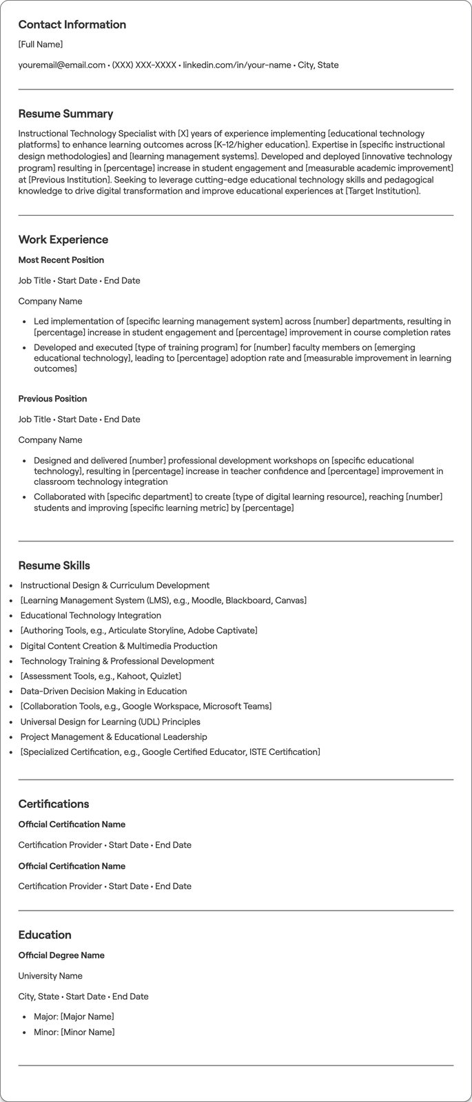 Instructional Technology Specialist resume example