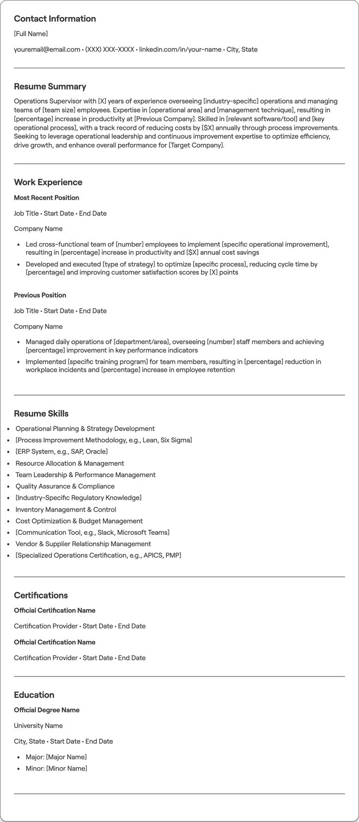 Operations Supervisor resume example