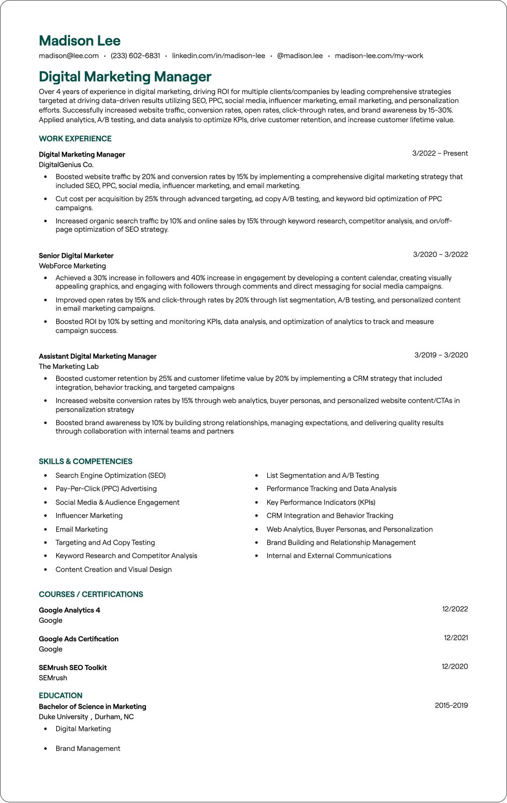 Digital Marketing Analyst resume example