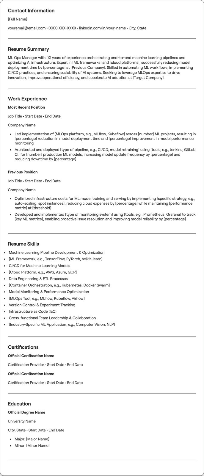 ML Ops Manager resume example