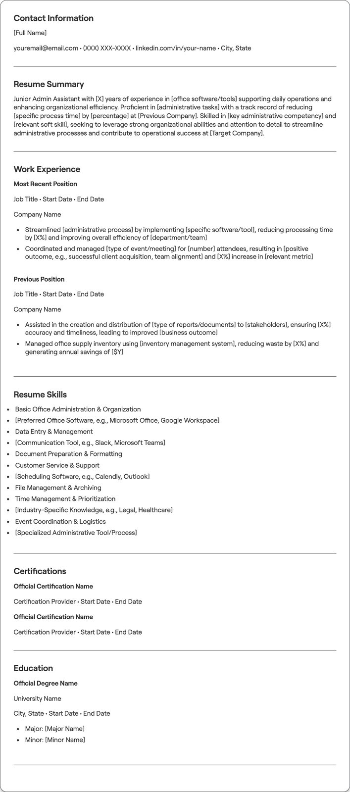 Junior Admin Assistant resume example