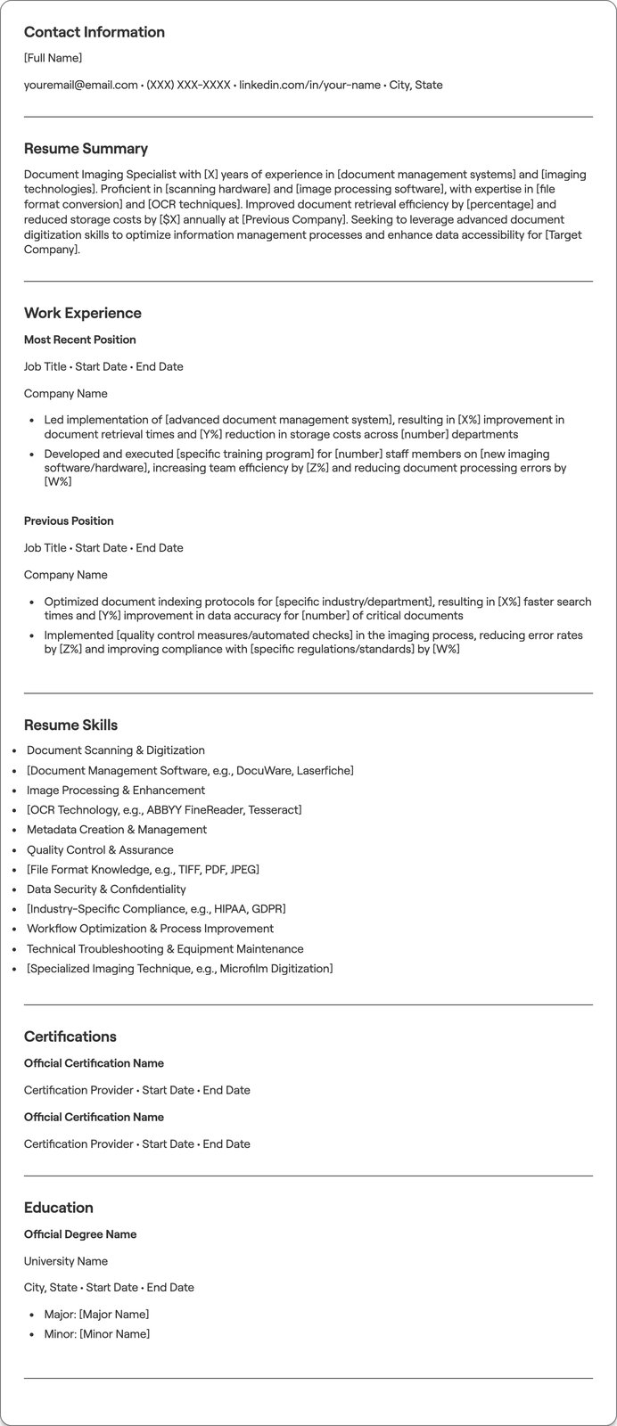 Document Imaging Specialist resume example