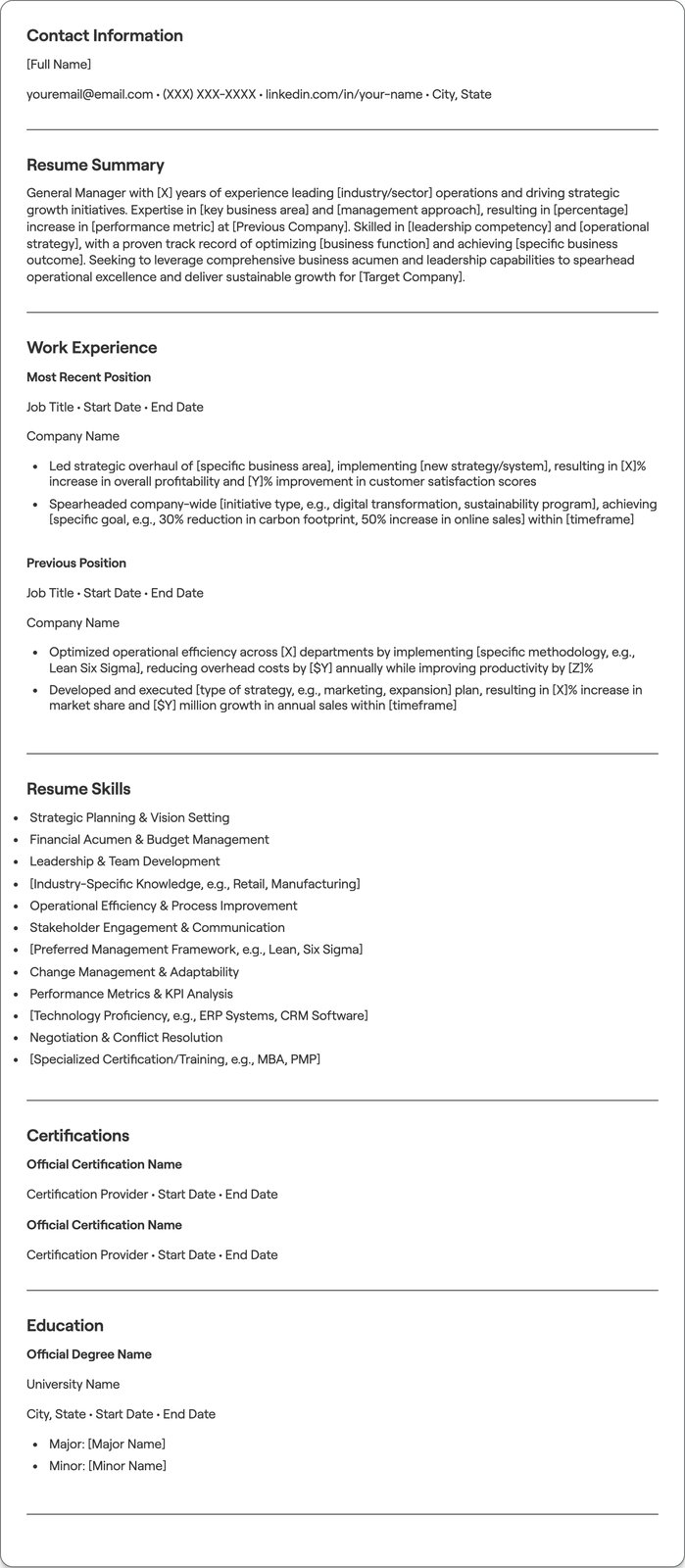 General Manager resume example