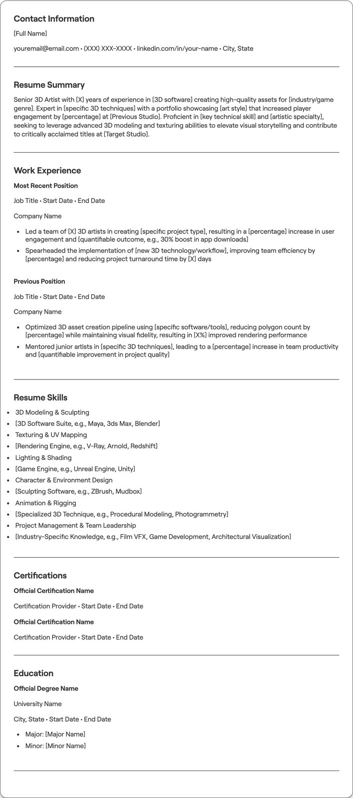 Senior 3D Artist resume example