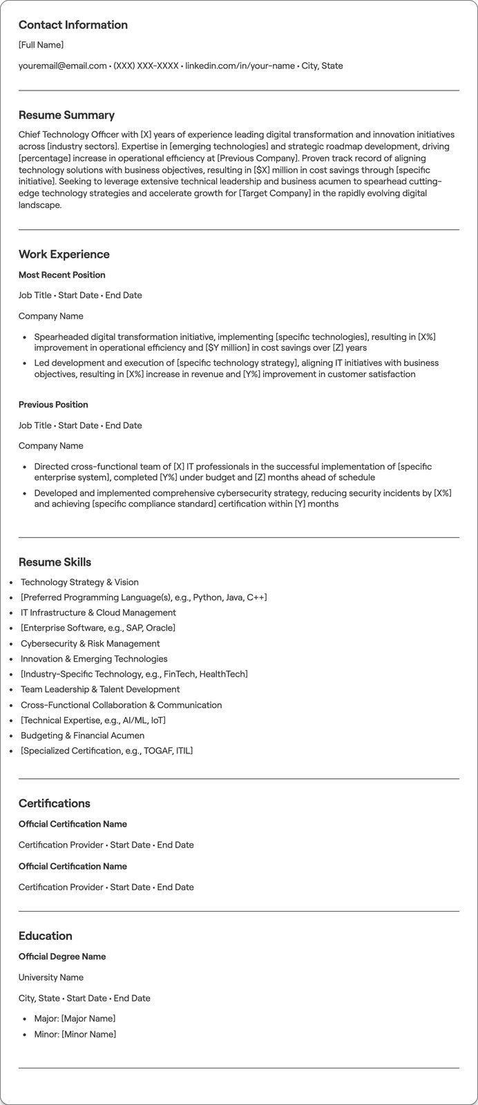 Chief Technology Officer resume example