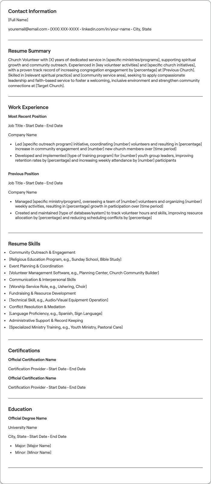 Church Volunteer resume example
