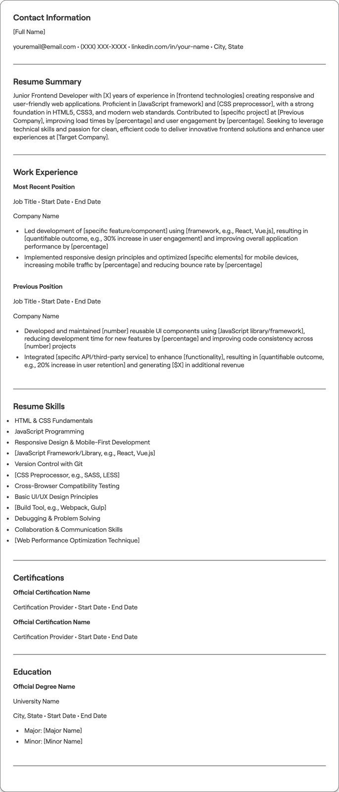 Junior Frontend Developer resume example