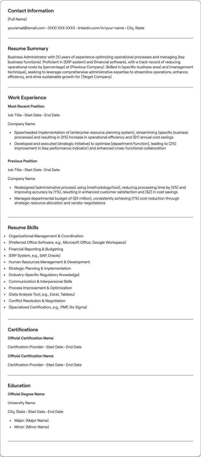 Business Administrator resume example