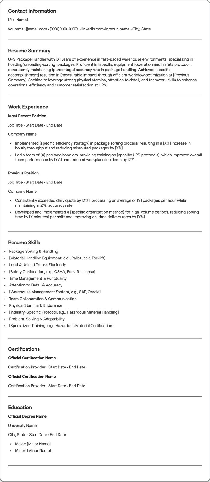 UPS Package Handler resume example