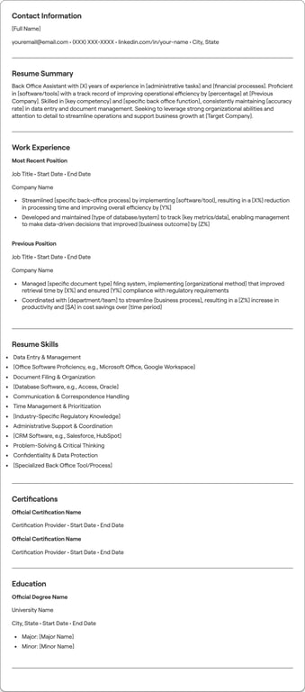 Back Office Assistant resume example