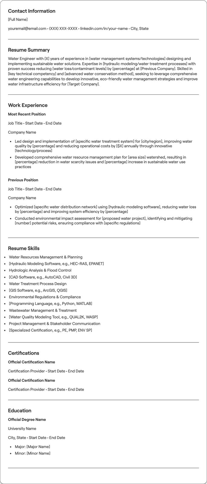 Water Engineer resume example