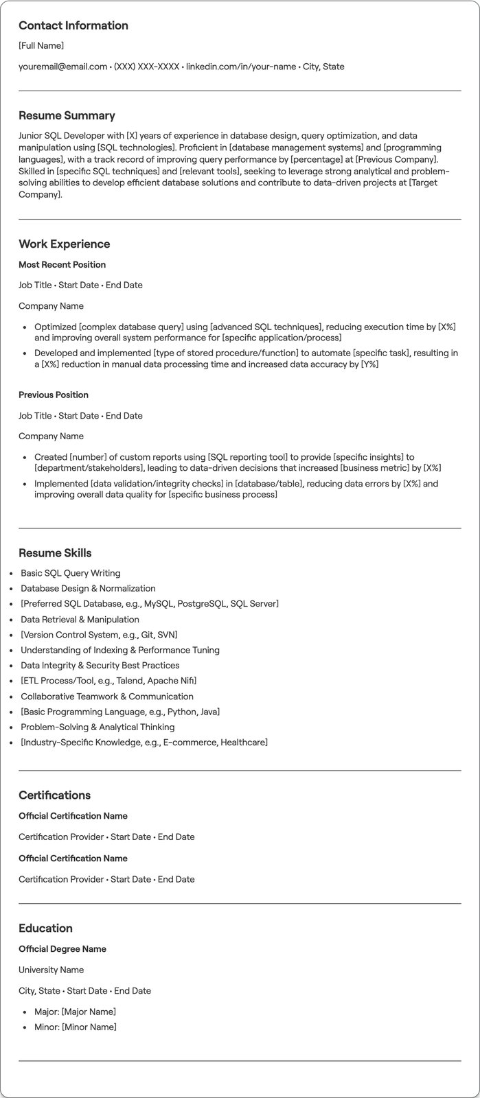 Junior SQL Developer resume example