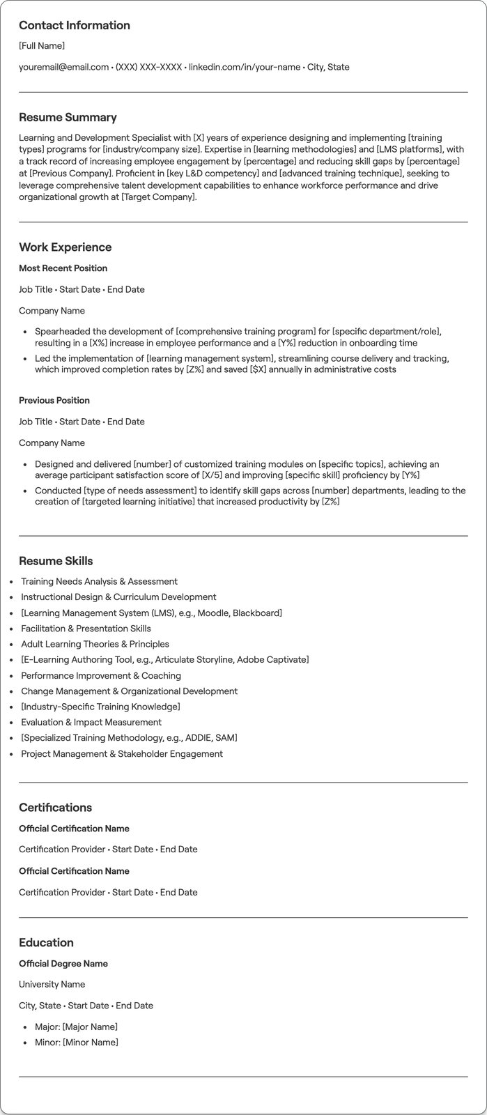 Learning and Development Specialist resume example