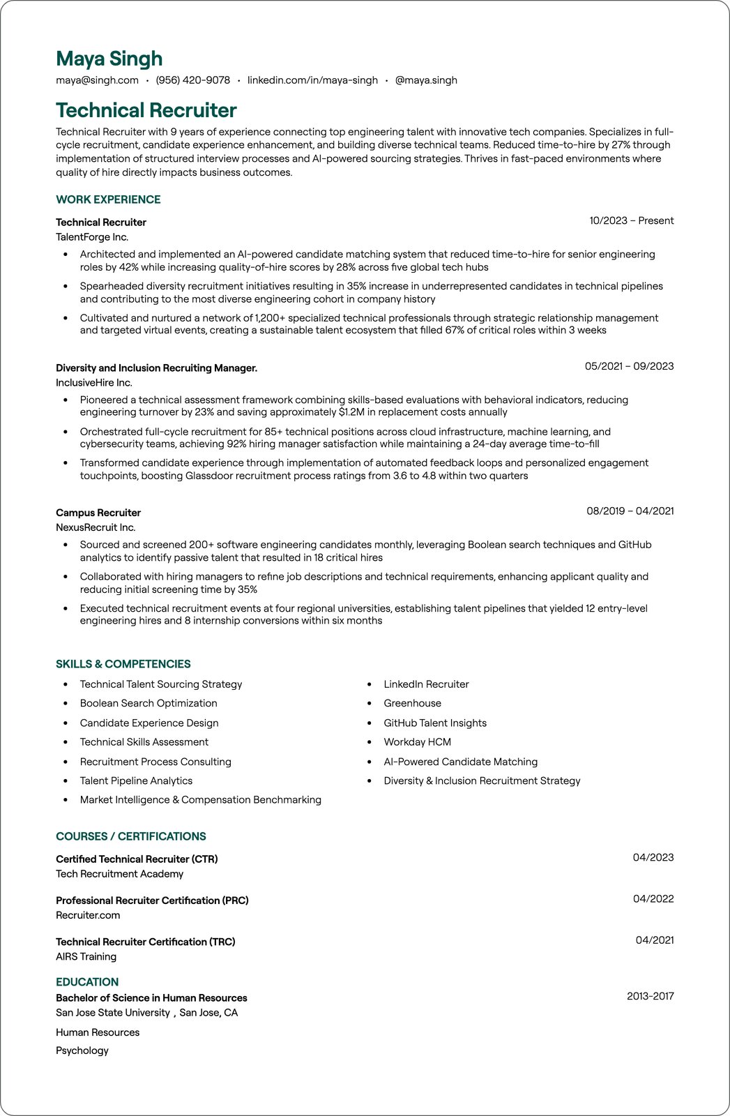 Entry Level Technical Recruiter resume example