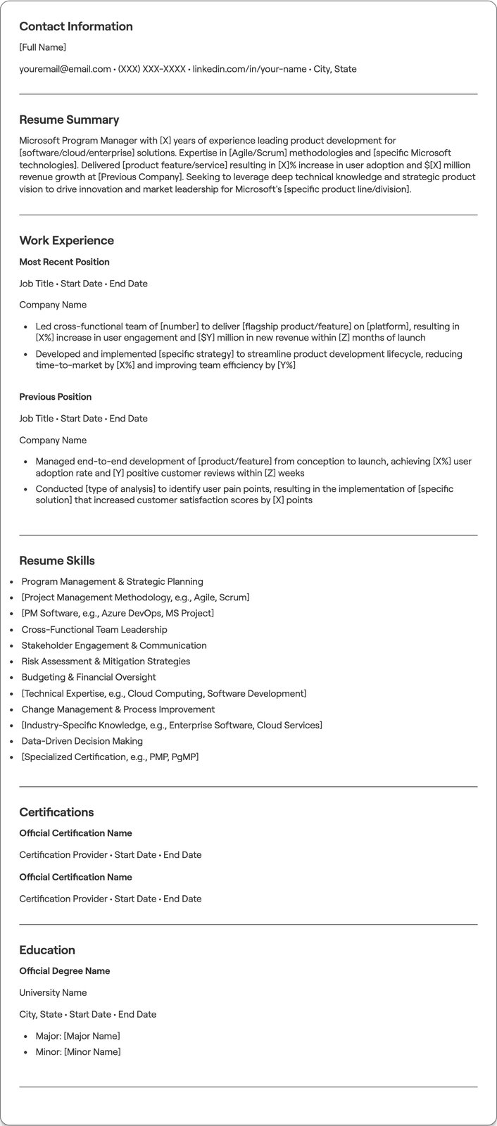 Microsoft Program Manager resume example