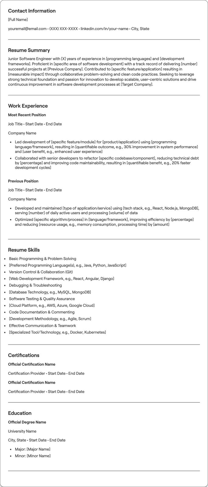 Junior Software Engineer resume example