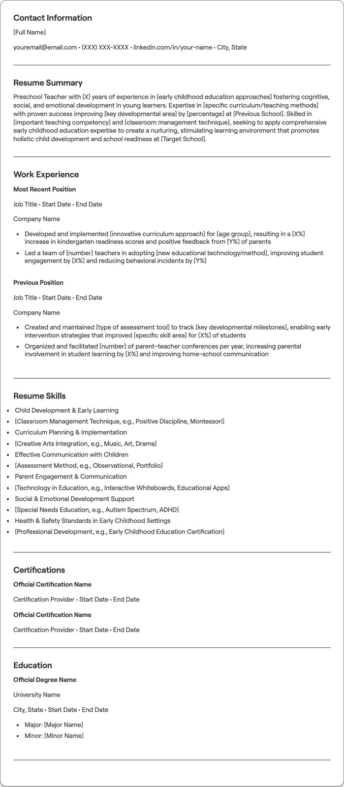 Preschool Teacher resume example