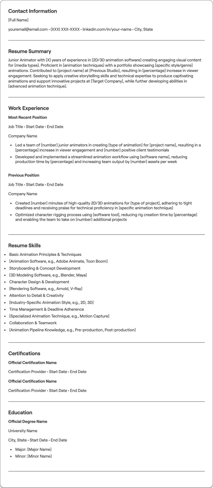 Junior Animator resume example