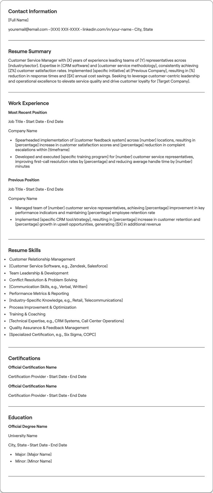 Customer Service Manager resume example