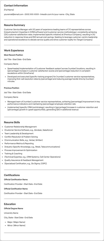 Customer Service Manager resume example