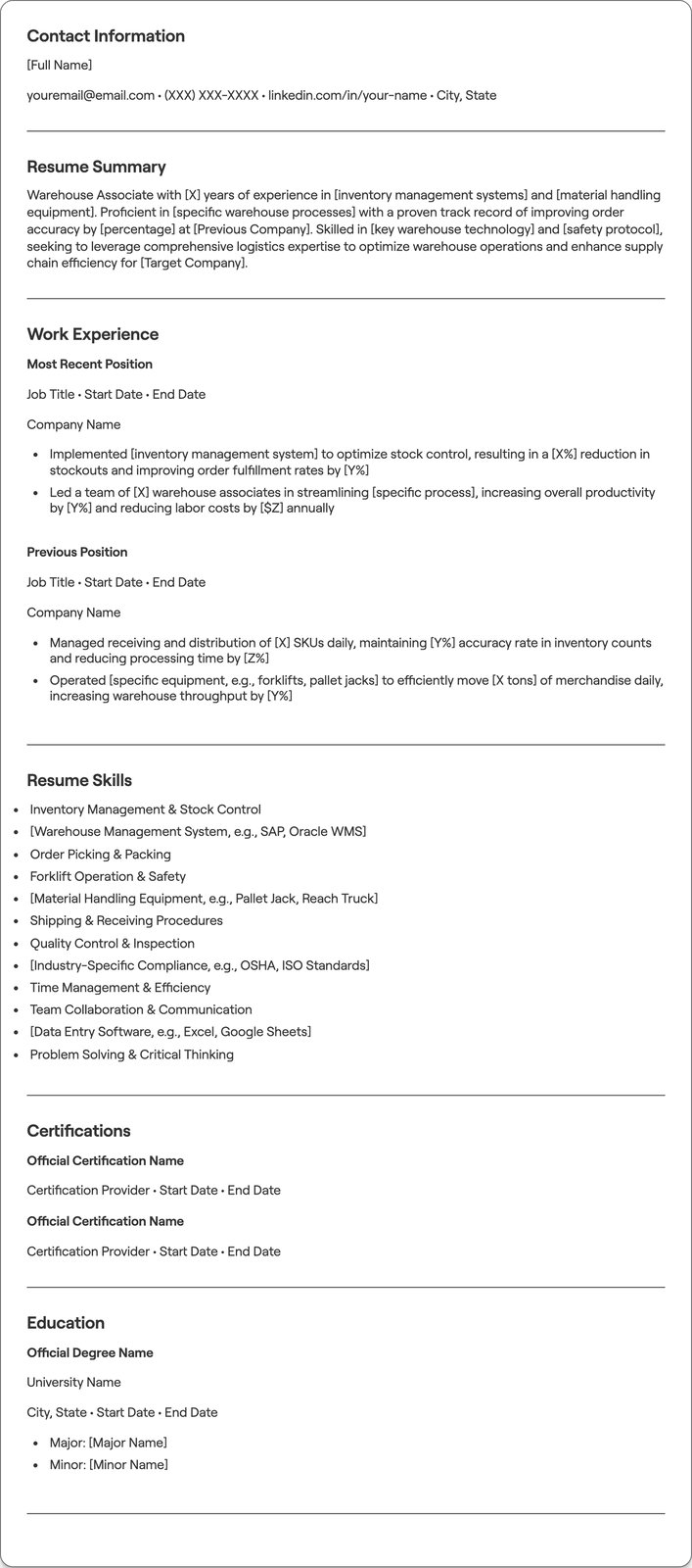Warehouse Associate resume example