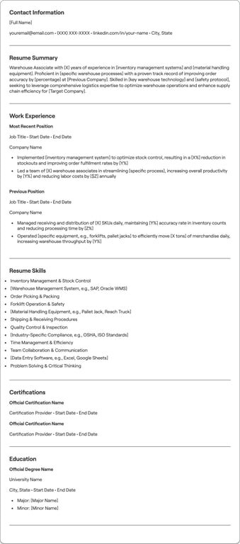 Warehouse Associate resume example