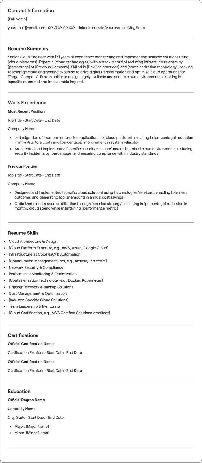 Senior Cloud Engineer resume example