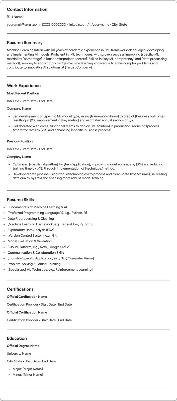 Machine Learning Intern resume example