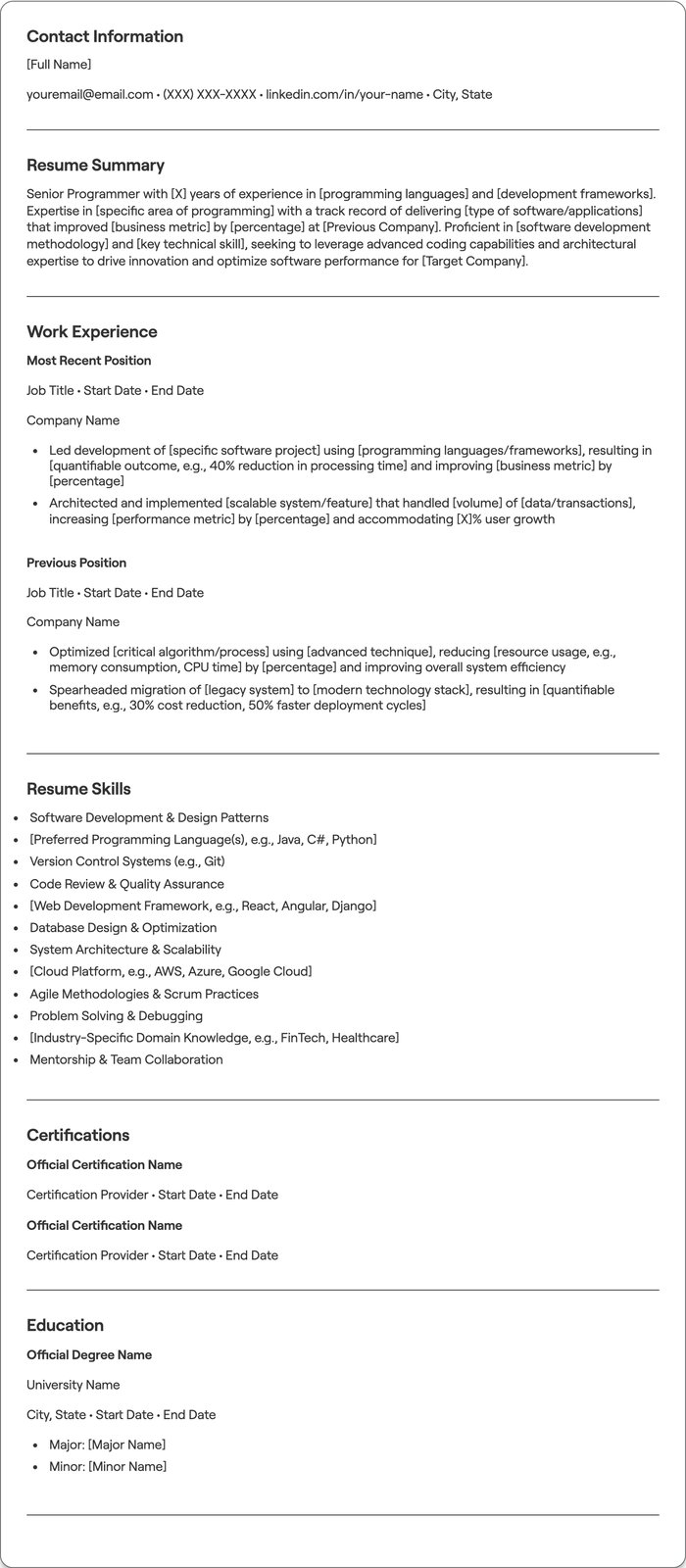 Senior Programmer resume example