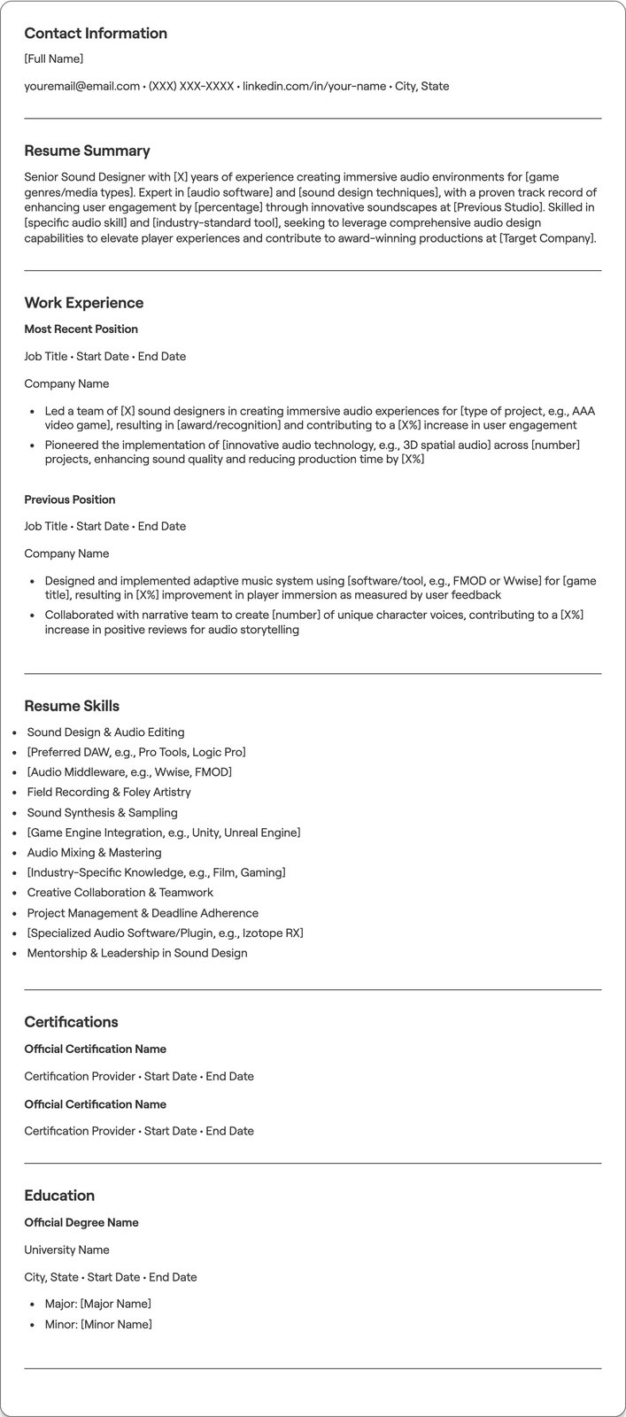 Senior Sound Designer resume example