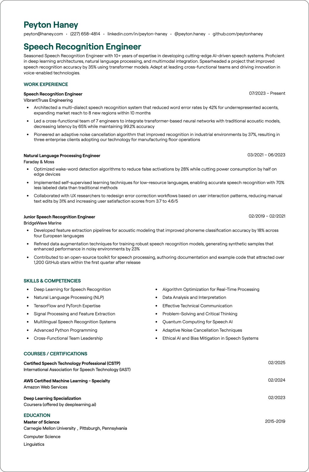 Speech Recognition Engineer resume example