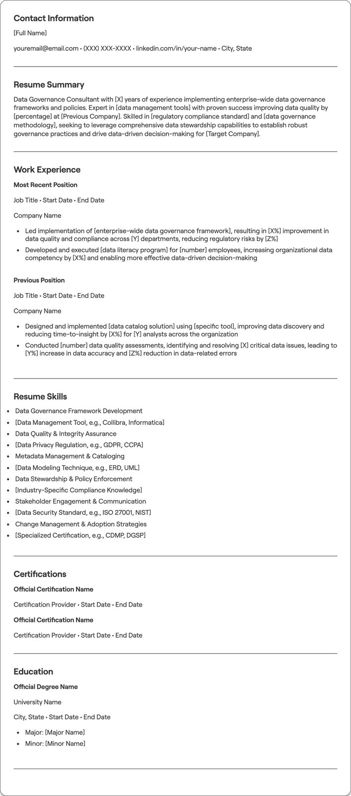 Data Governance Consultant resume example