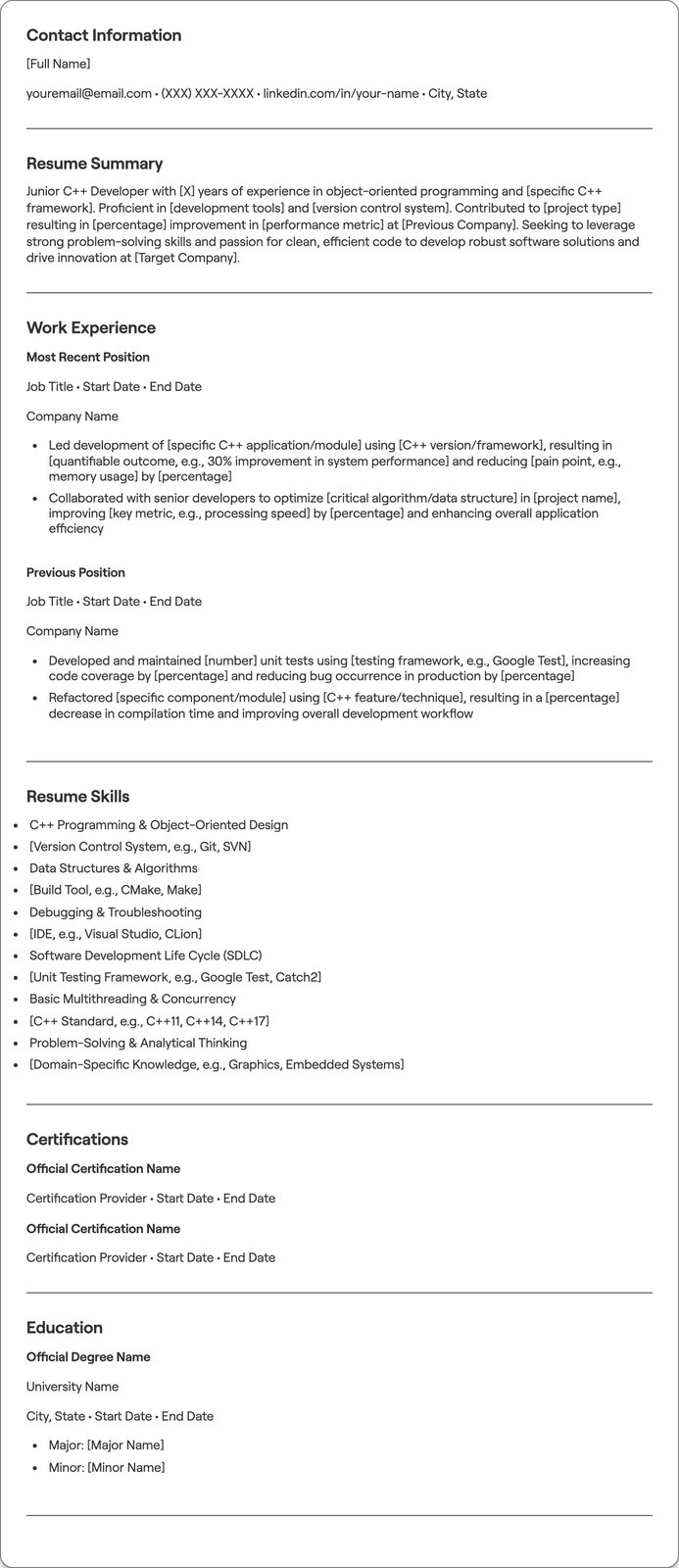Junior C++ Developer resume example