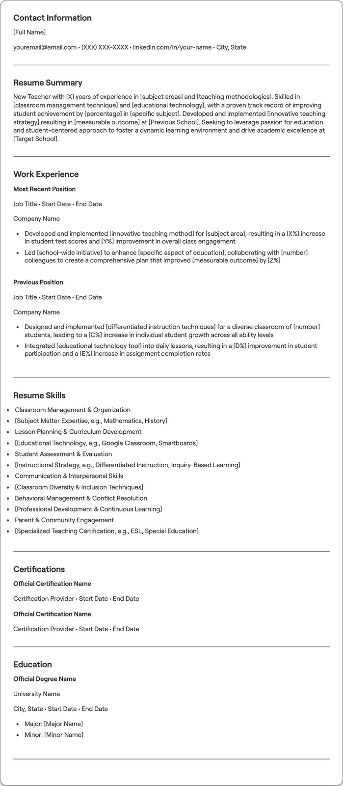 New Teacher resume example